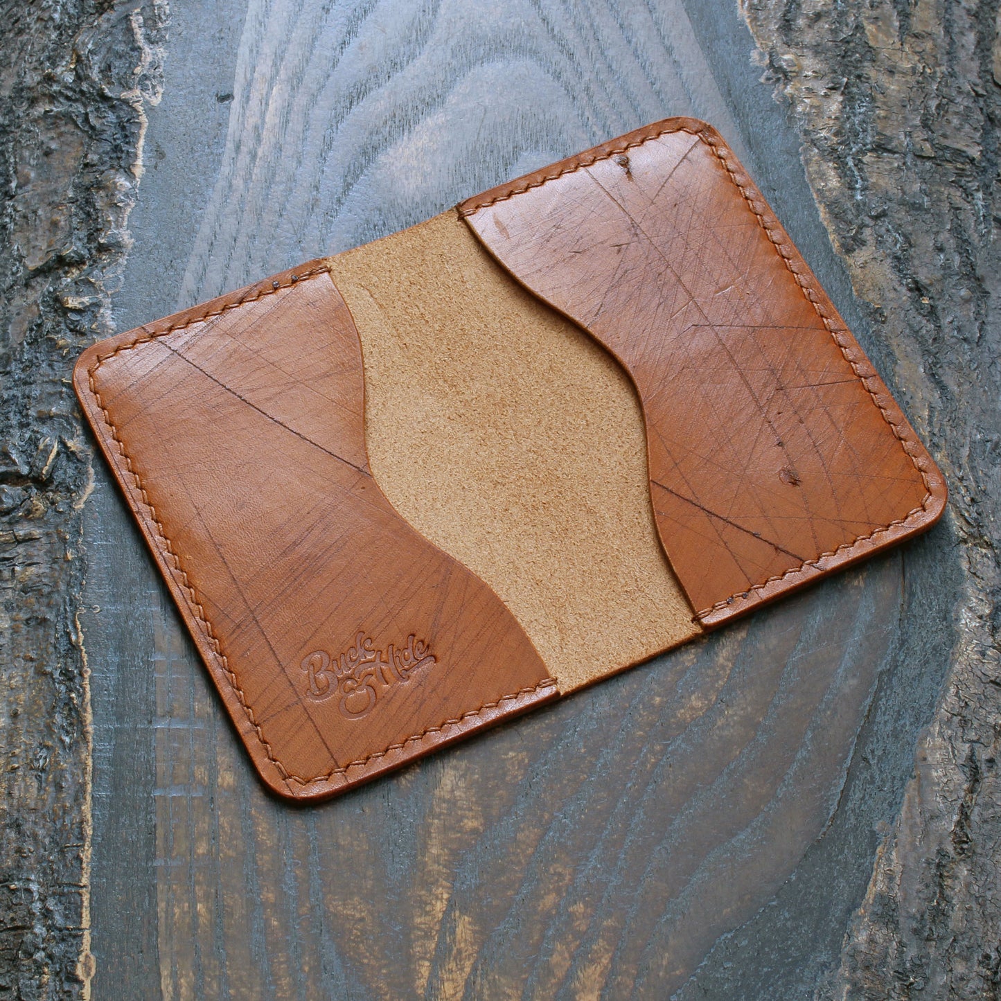 3-slot card holder, tan distressed Ecbatana leather