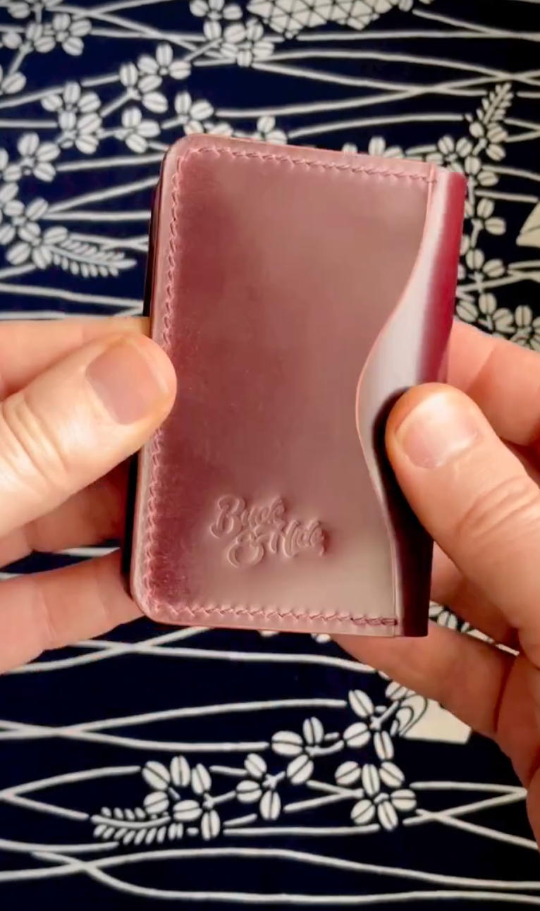 Burgundy Shell Cordovan & natural Buttero 3-slot card holder.