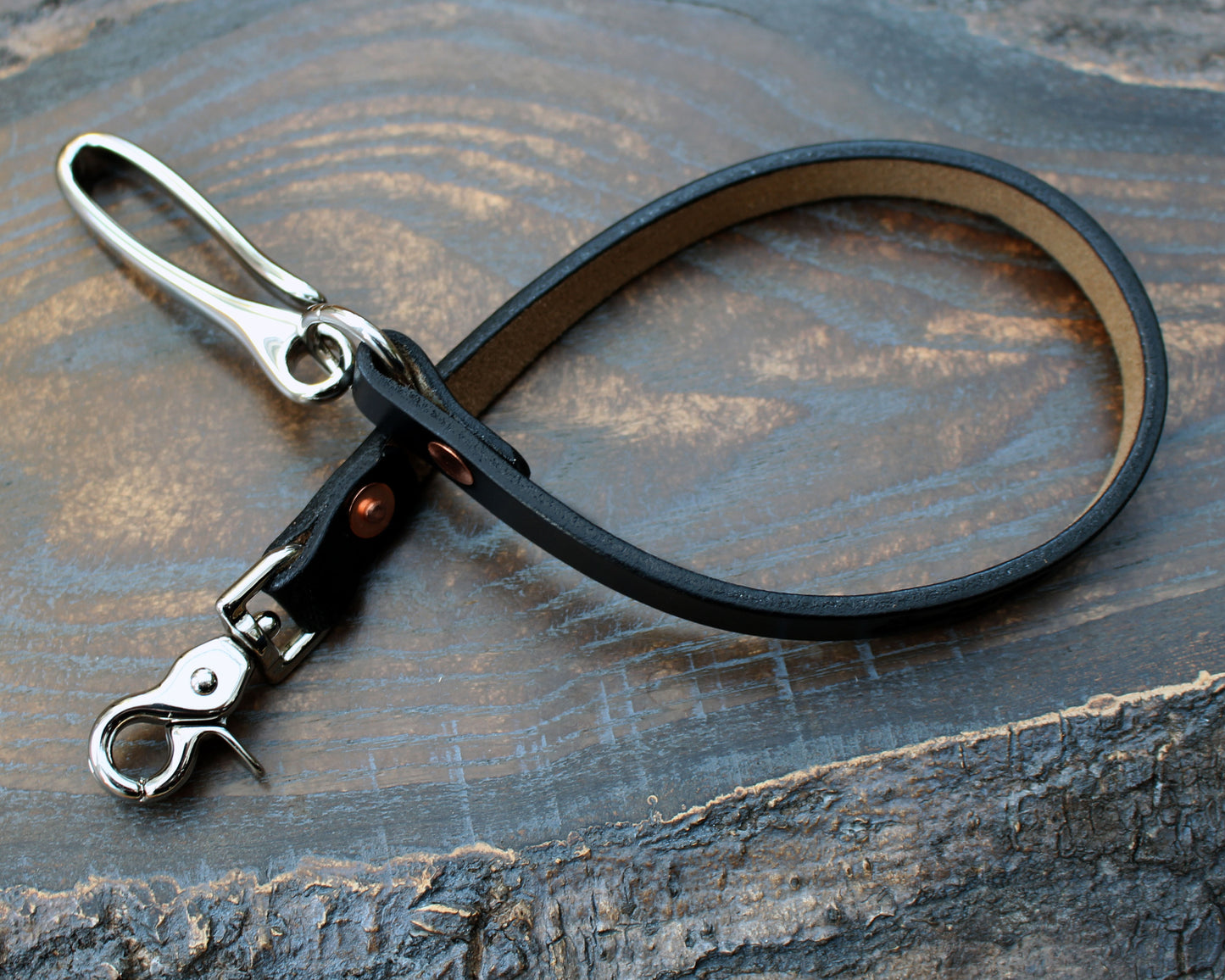 Horween Chromexcel lanyard, black with nickel hardware
