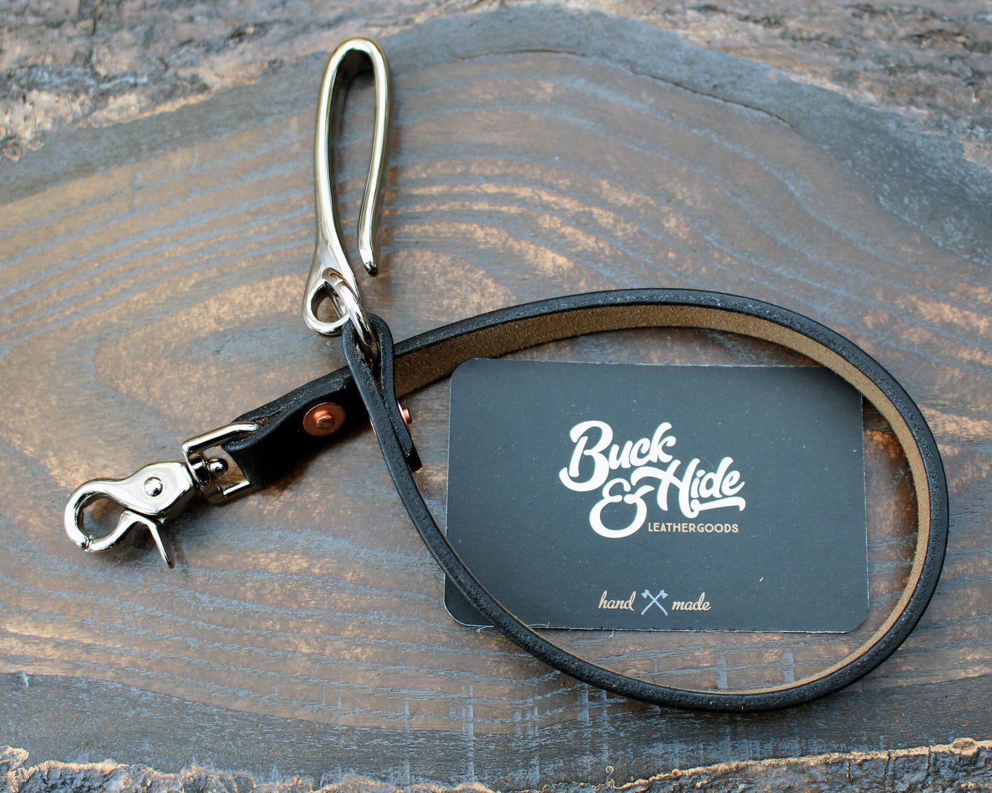 Horween Chromexcel lanyard, black with nickel hardware