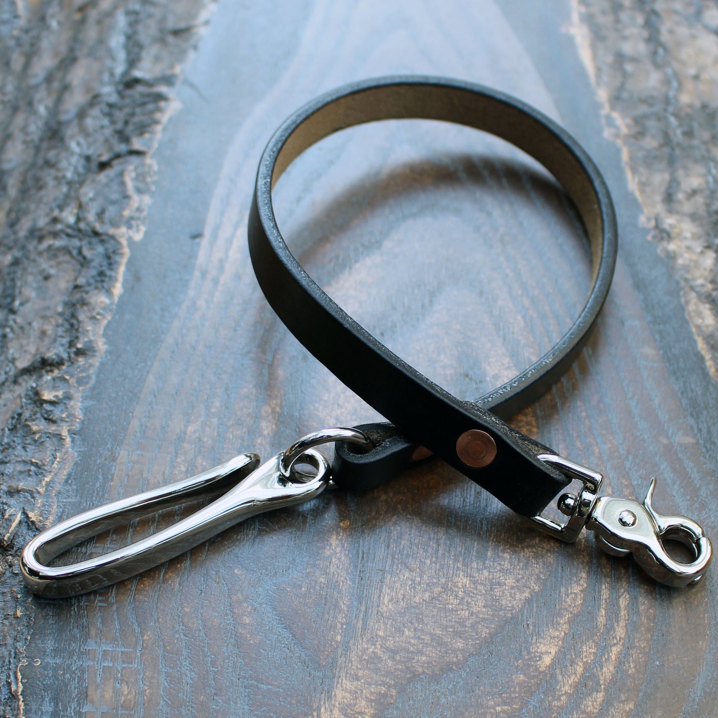 Horween Chromexcel lanyard, black with nickel hardware
