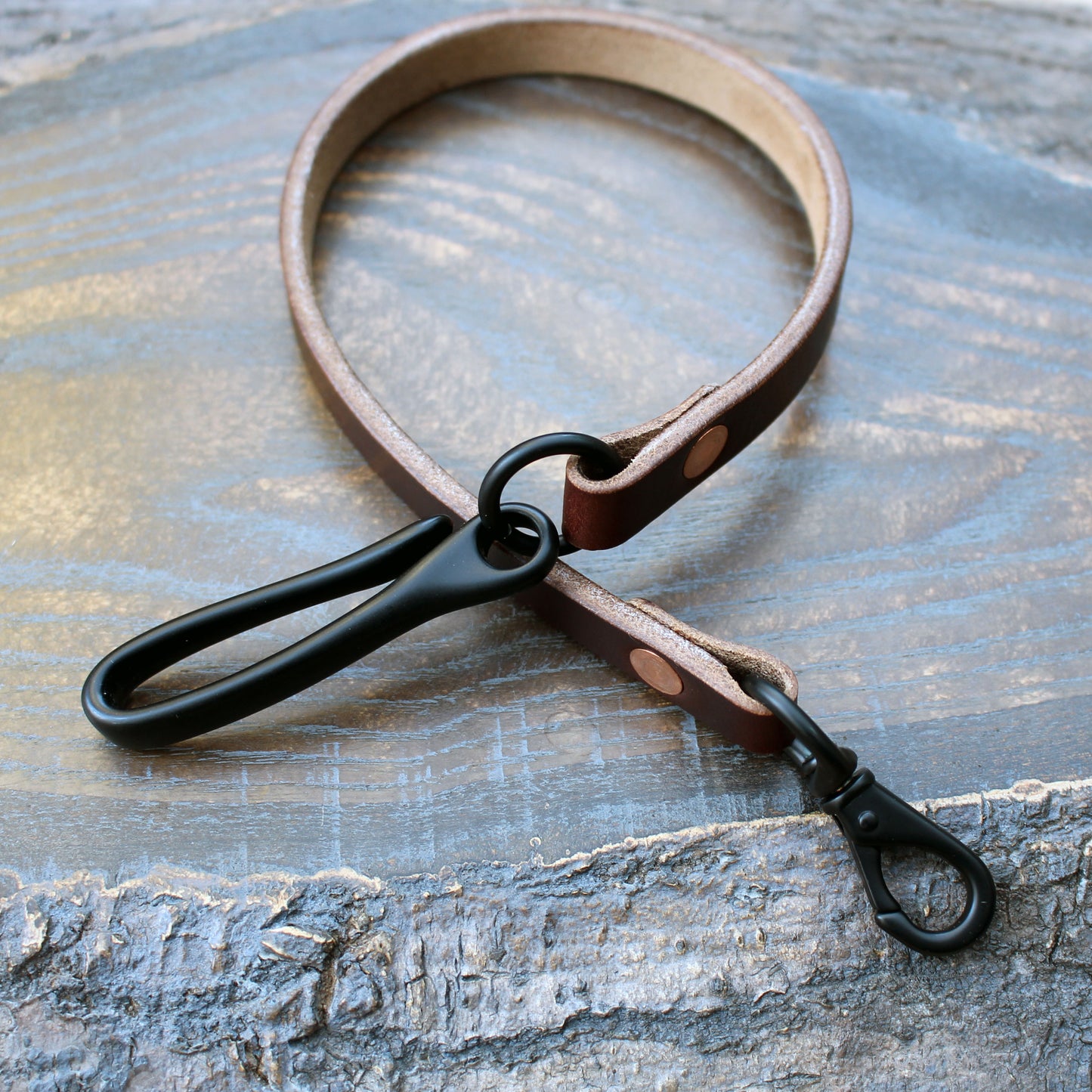 Horween brown Chromexcel wallet lanyard, PVD black hardware