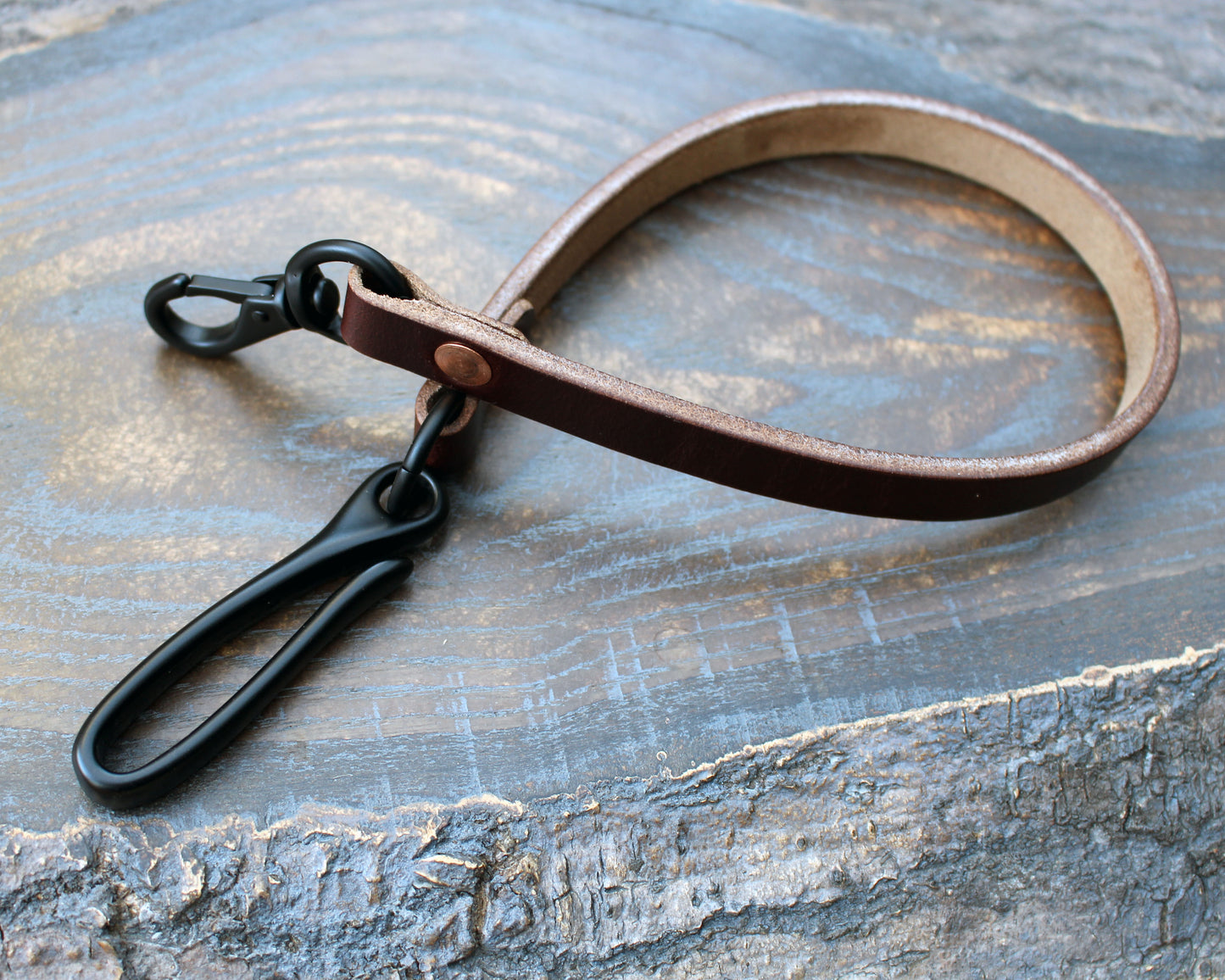 Horween brown Chromexcel wallet lanyard, PVD black hardware