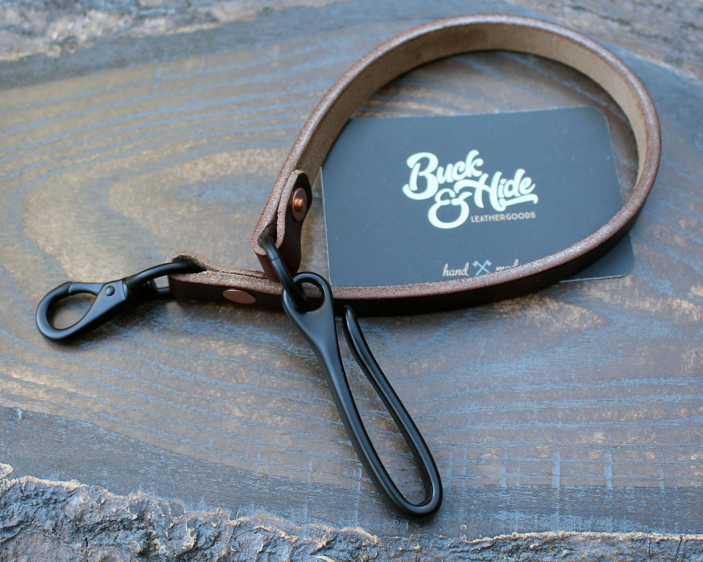Horween brown Chromexcel wallet lanyard, PVD black hardware