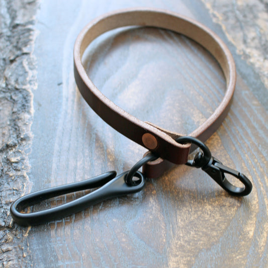 Horween brown Chromexcel wallet lanyard, PVD black hardware