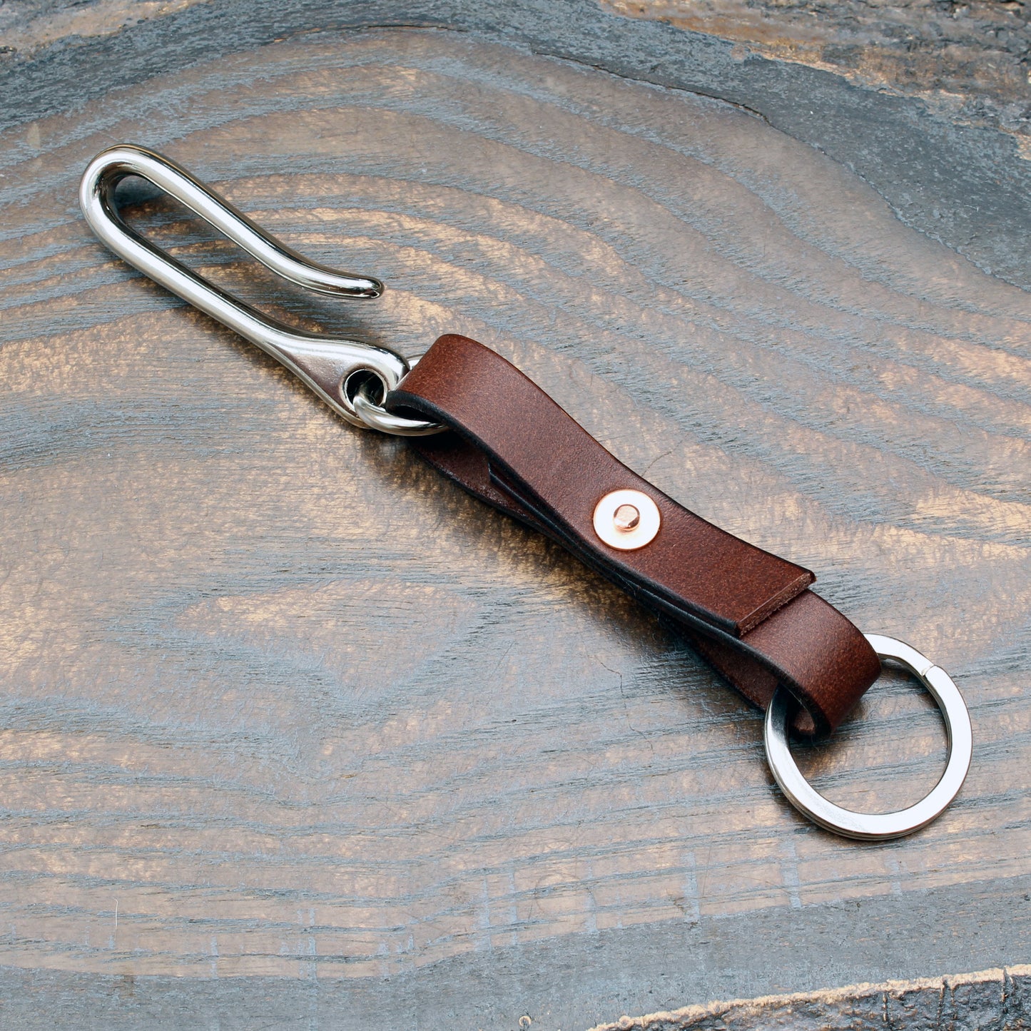 Nickel fish hook key holder, black, brown or tan