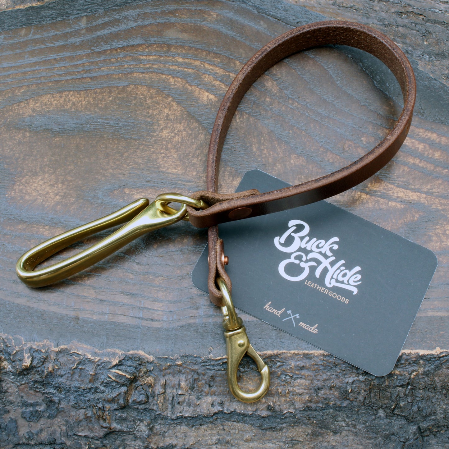 Leather wallet lanyard, natural Horween Chromexcel with brass fish hook