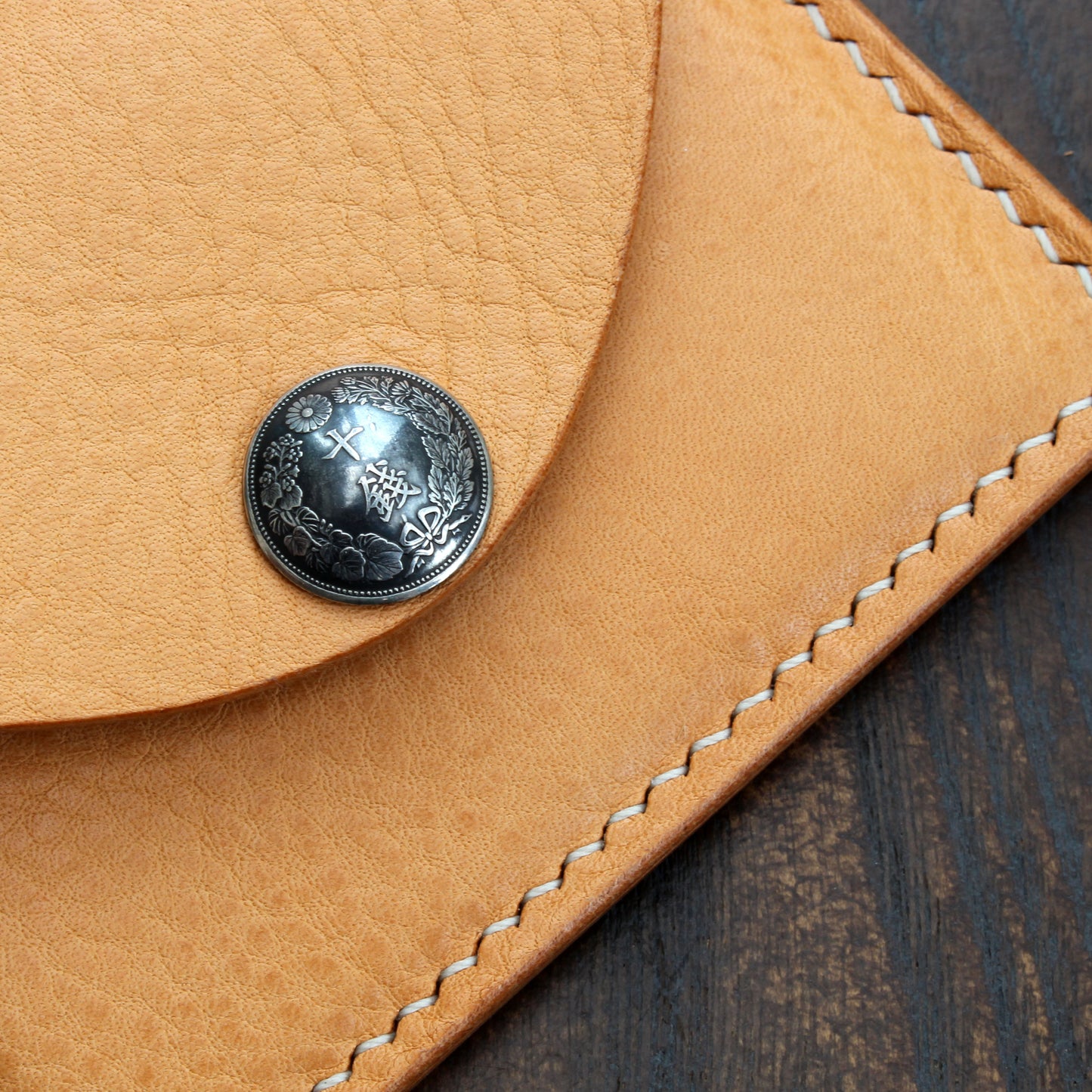 Minerva box wallet with vintage Japanese coin snap