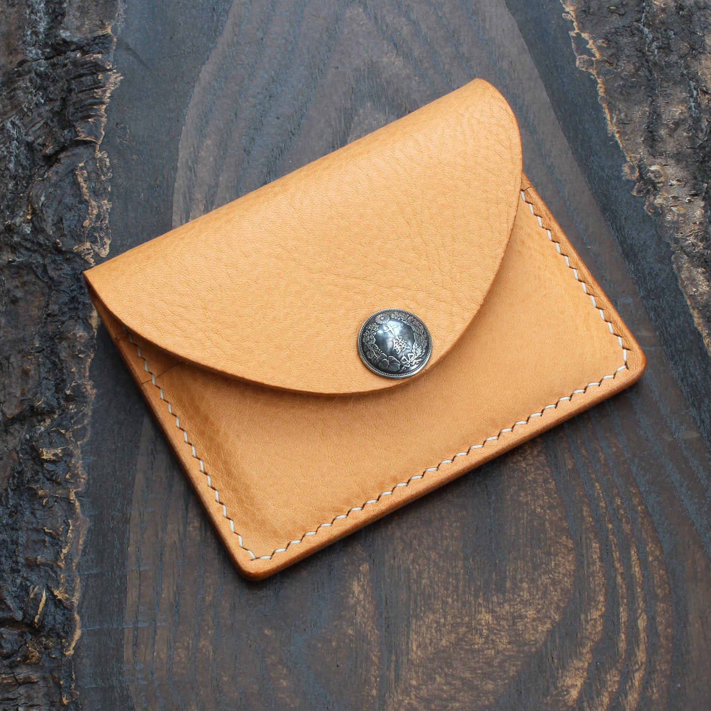 Minerva box wallet with vintage Japanese coin snap