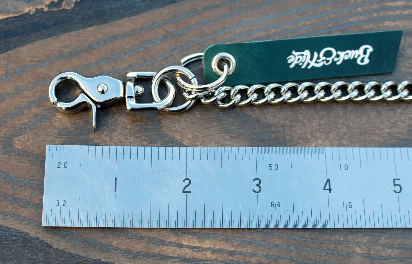 Nickel, shiny silver brass back pocket wallet chain.
