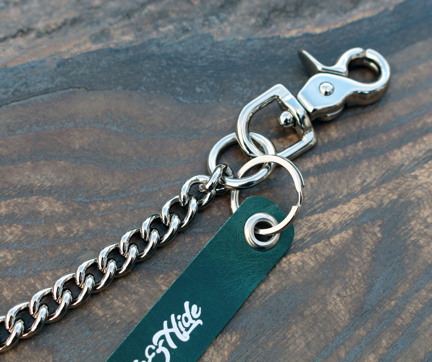 Nickel, shiny silver brass back pocket wallet chain.