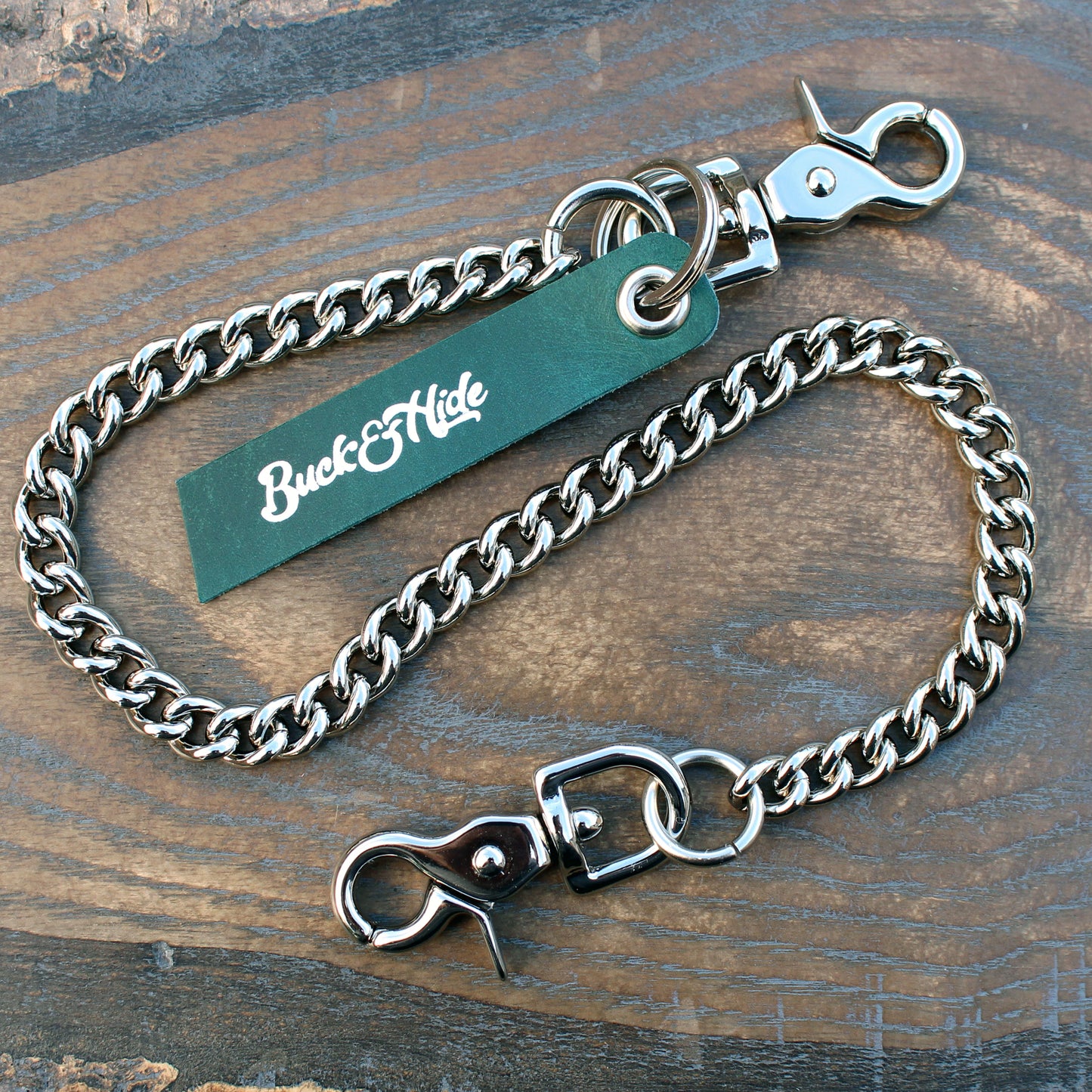Nickel, shiny silver brass back pocket wallet chain.