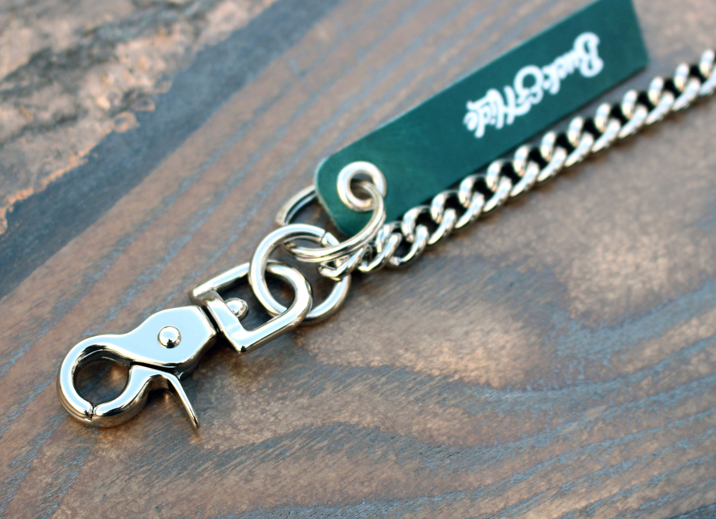 Nickel, shiny silver brass back pocket wallet chain.