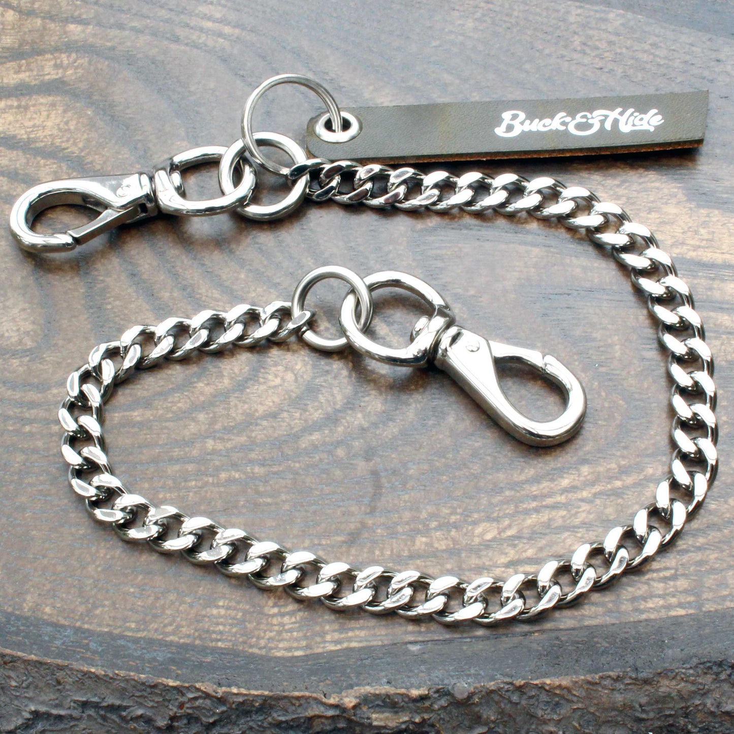 Nickel, shiny silver brass back pocket wallet chain.
