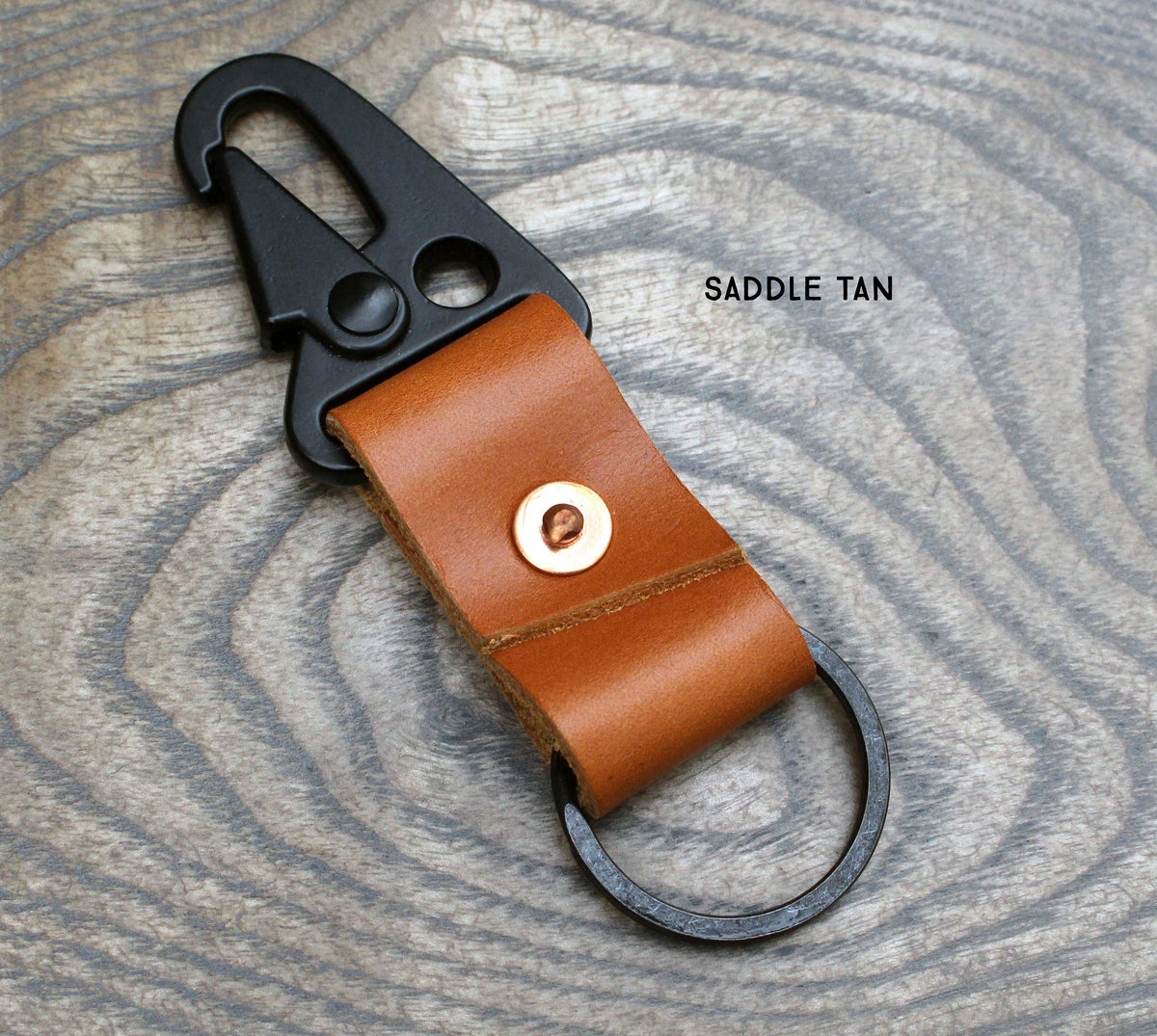 Black caribiner spring clip key fob, vegtan leather