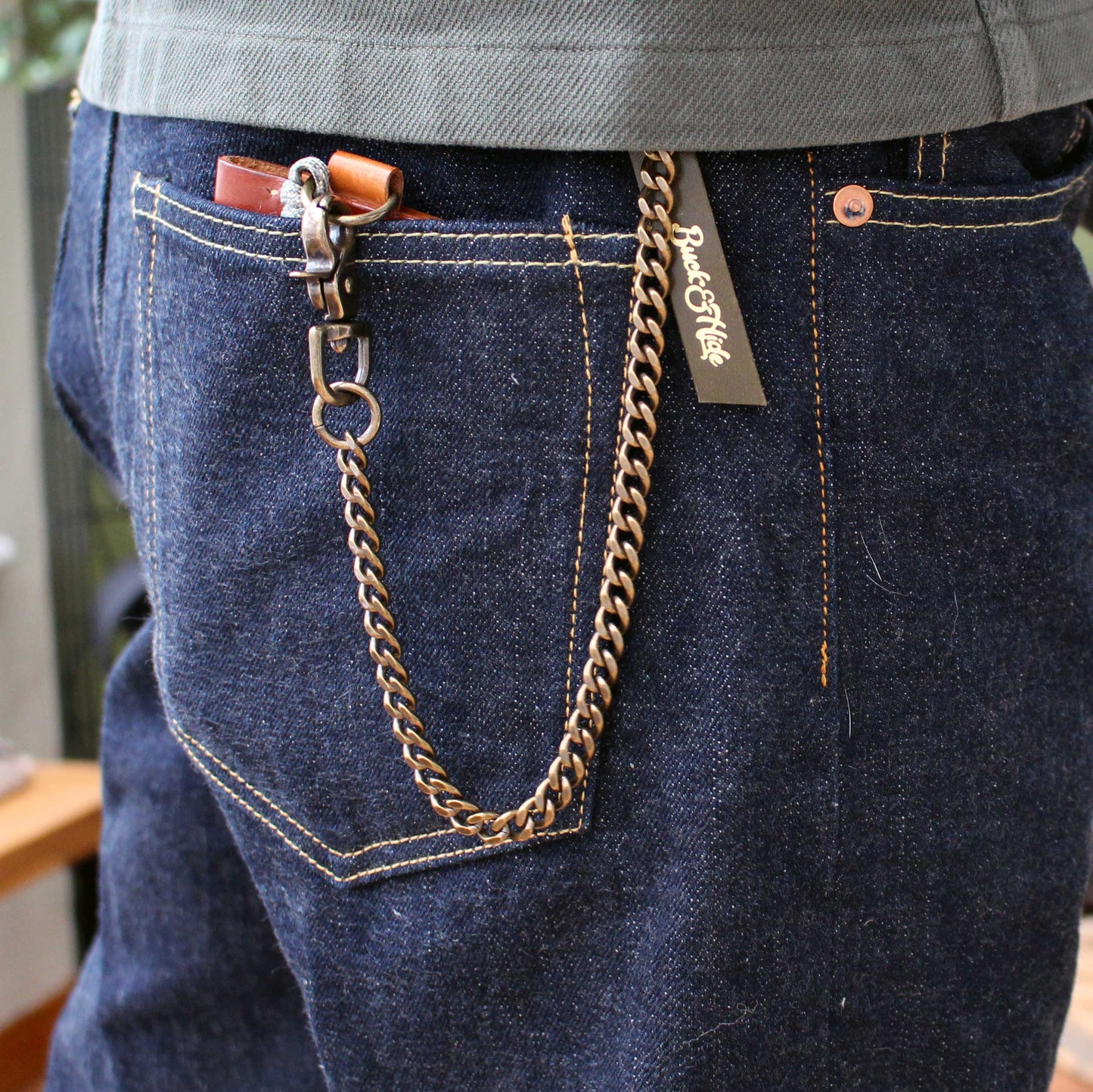 Nickel, shiny silver brass back pocket wallet chain.