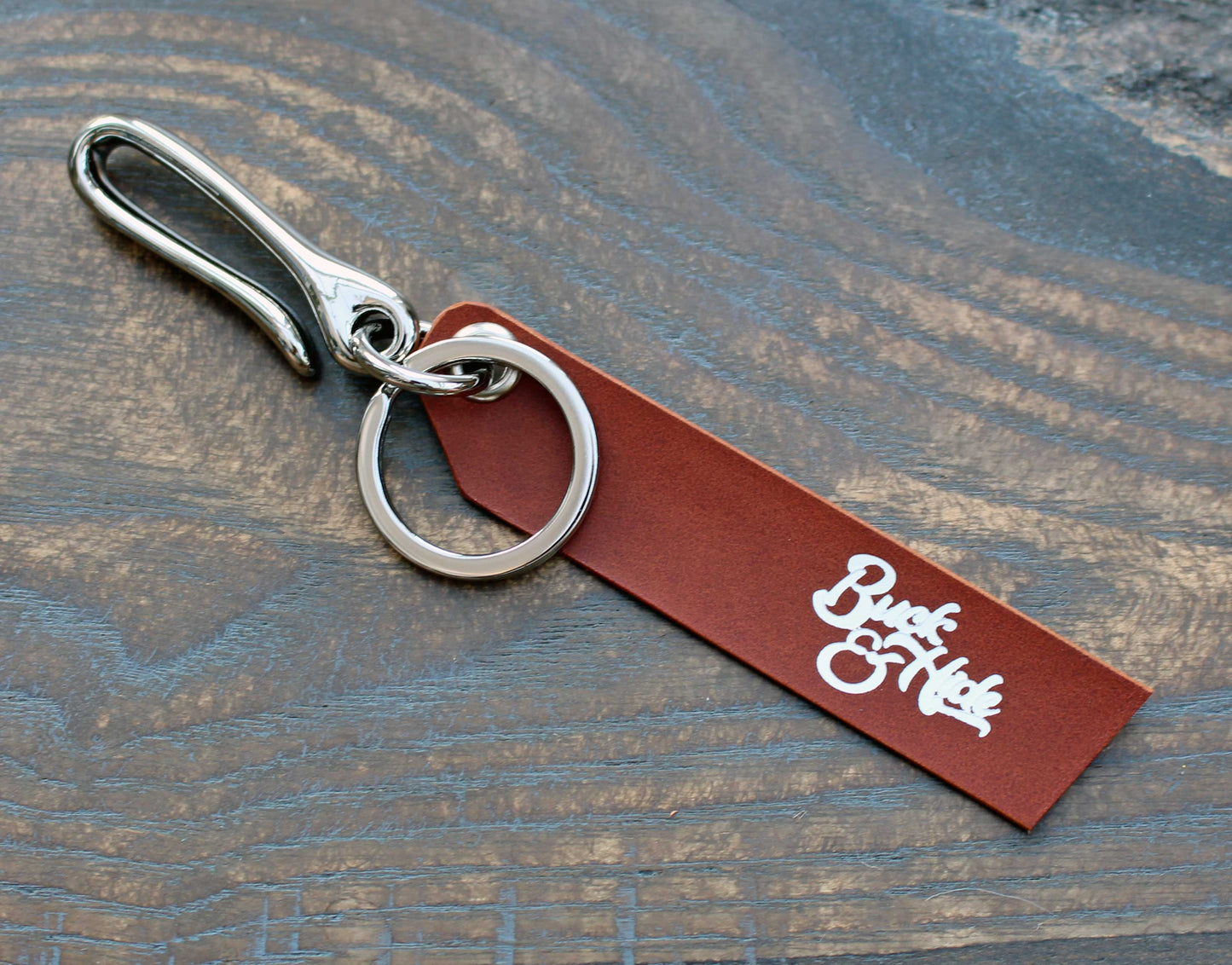 Mini fish-hook fob, choice of metal & leather