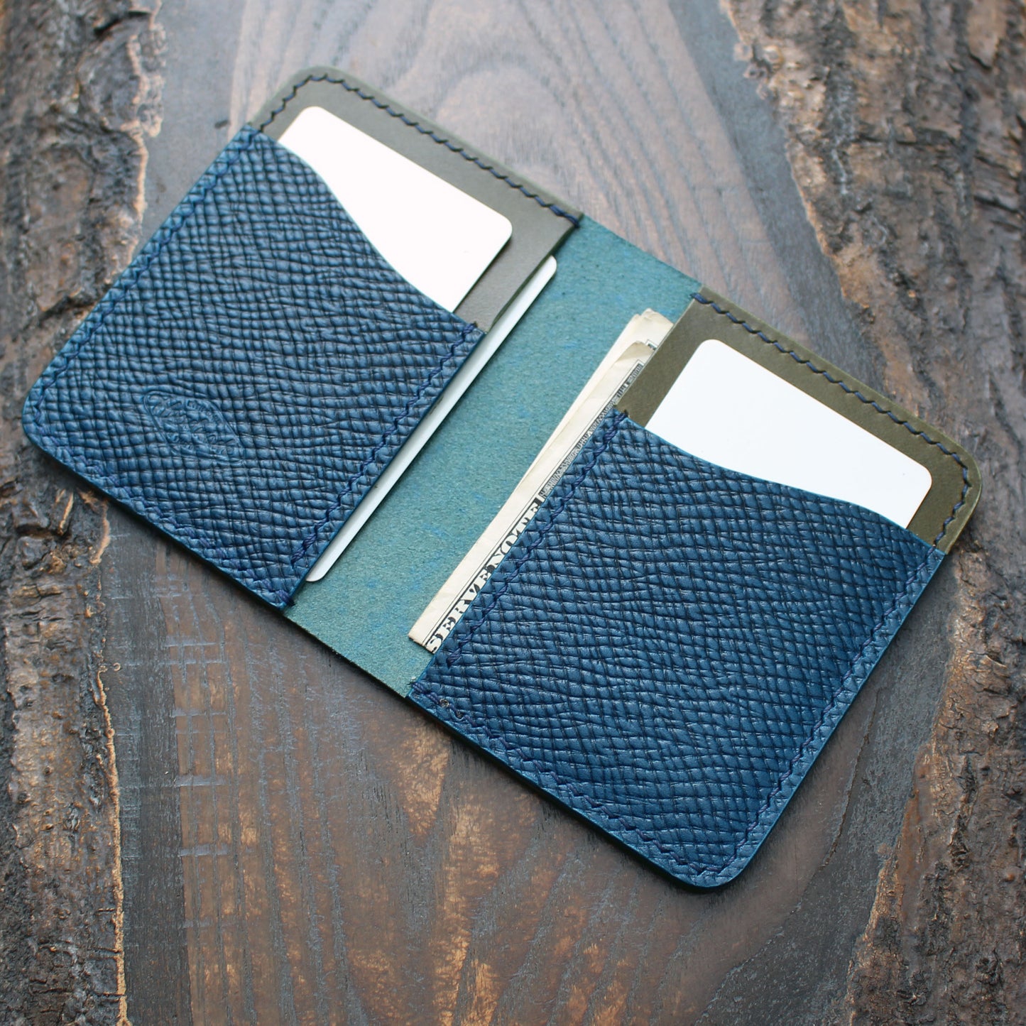 Navy blue & olive green Buttero Hatch leather bi-fold wallet