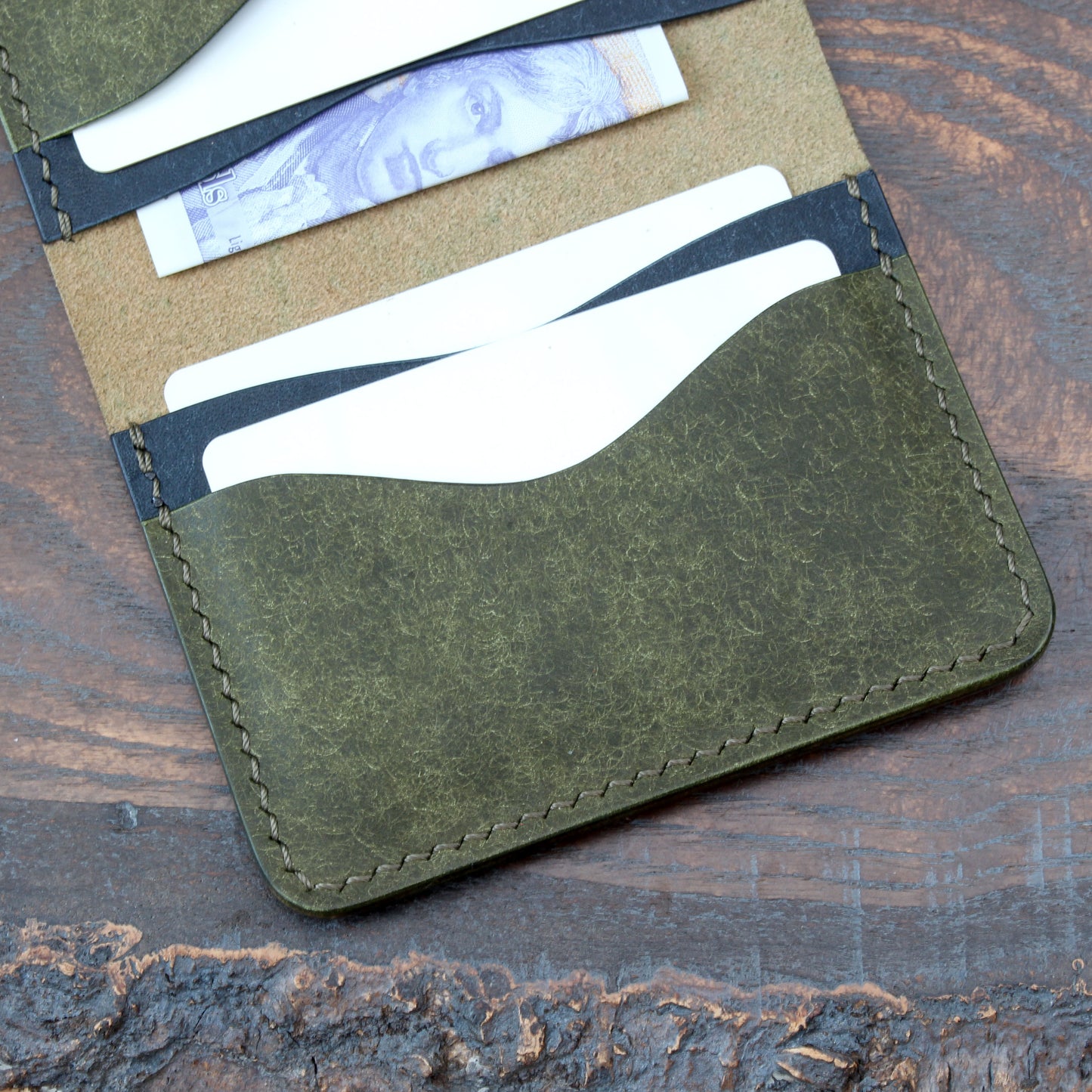 Five-slot bifold in olive green & navy blue Pueblo