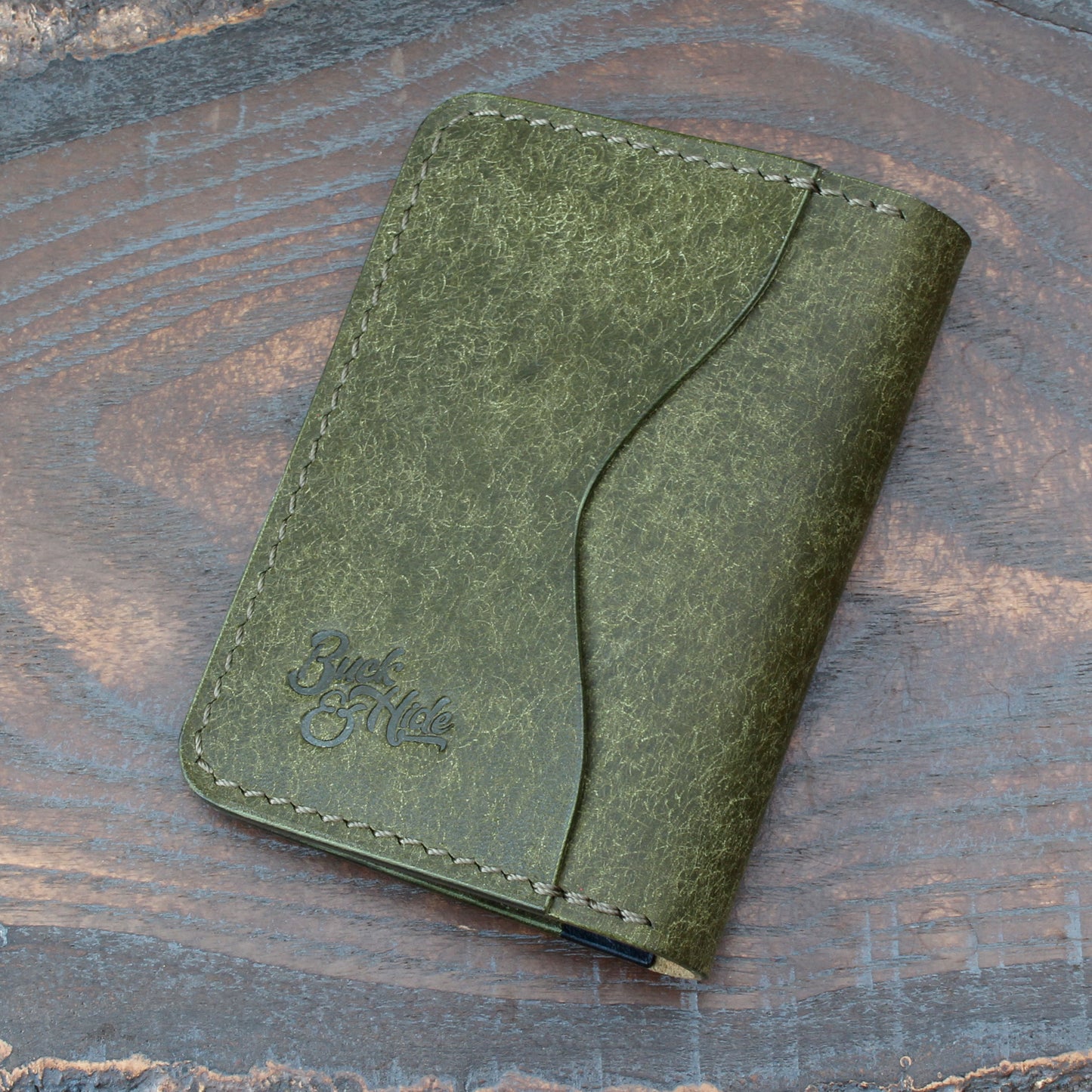 Five-slot bifold in olive green & navy blue Pueblo