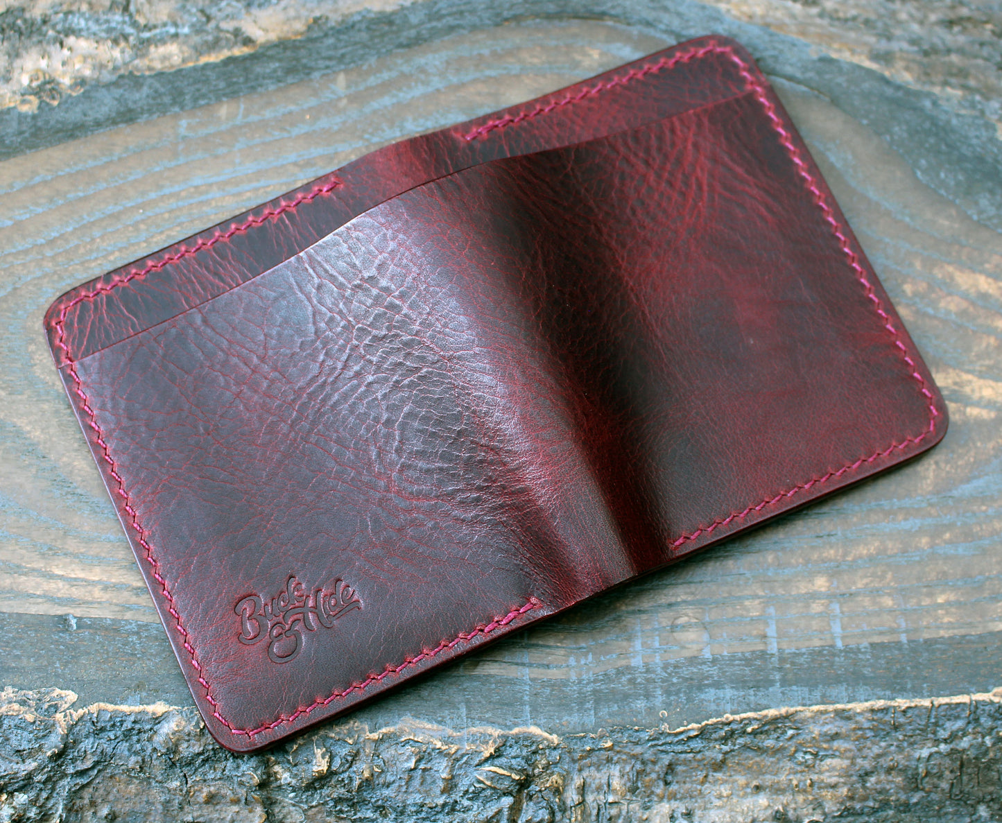 Five-slot card/cash wallet, Bordeaux Wax.