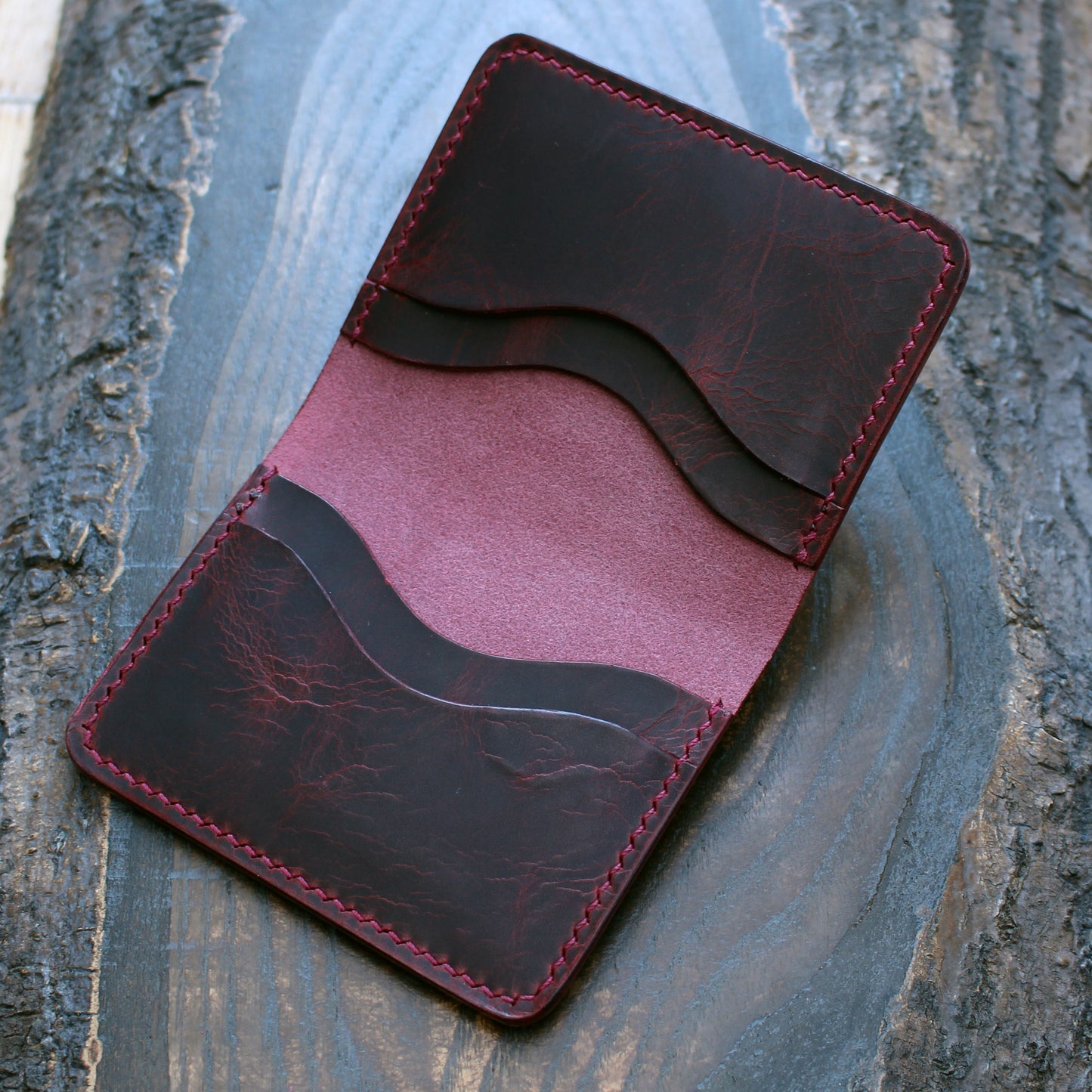 Five-slot card/cash wallet, Bordeaux Wax.