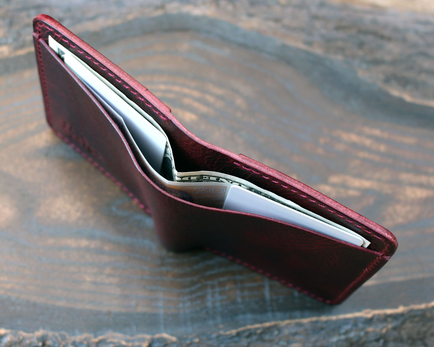 Five-slot card/cash wallet, Bordeaux Wax.