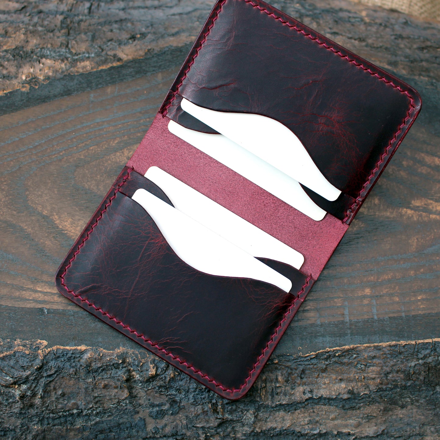 Five-slot card/cash wallet, Bordeaux Wax.