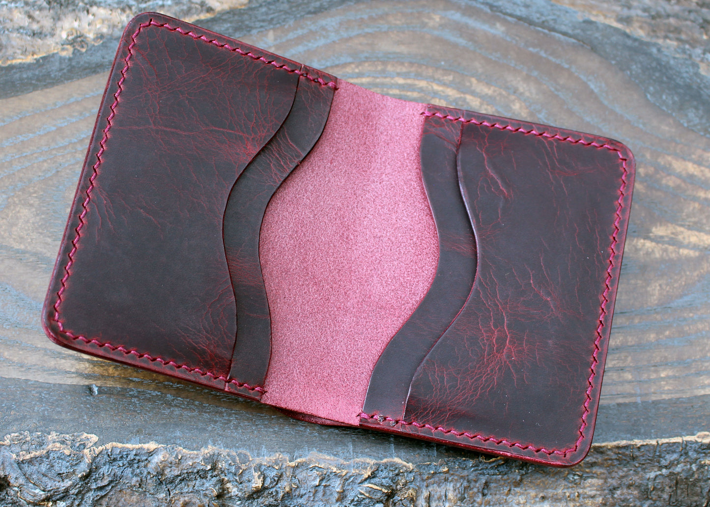 Five-slot card/cash wallet, Bordeaux Wax.