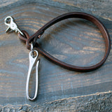 Brown leather wallet lanyard, nickel fish hook
