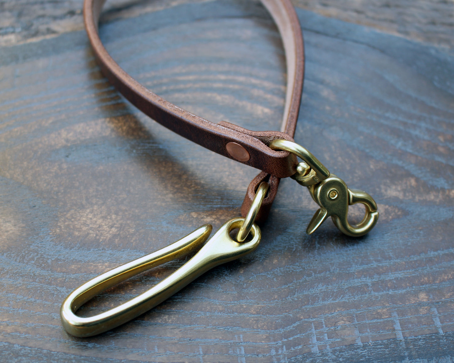 Horween Dublin Brown Nut wallet lanyard, brass fish hook