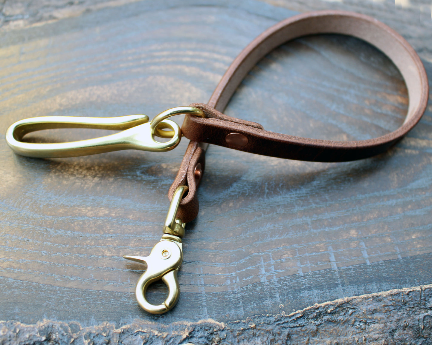 Horween Dublin Brown Nut wallet lanyard, brass fish hook