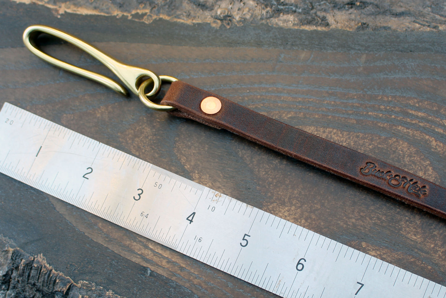 Horween Dublin Brown Nut wallet lanyard, brass fish hook