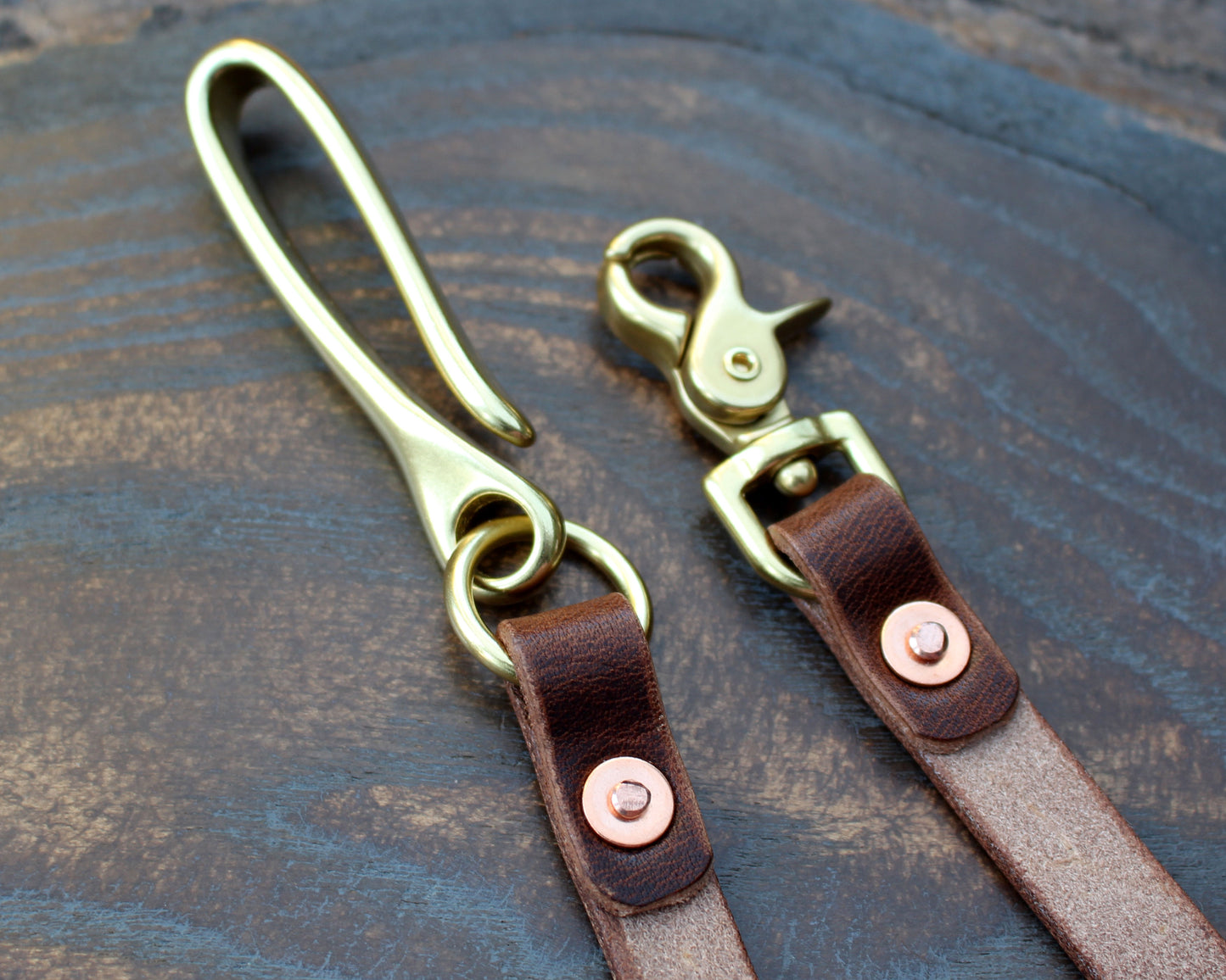 Horween Dublin Brown Nut wallet lanyard, brass fish hook