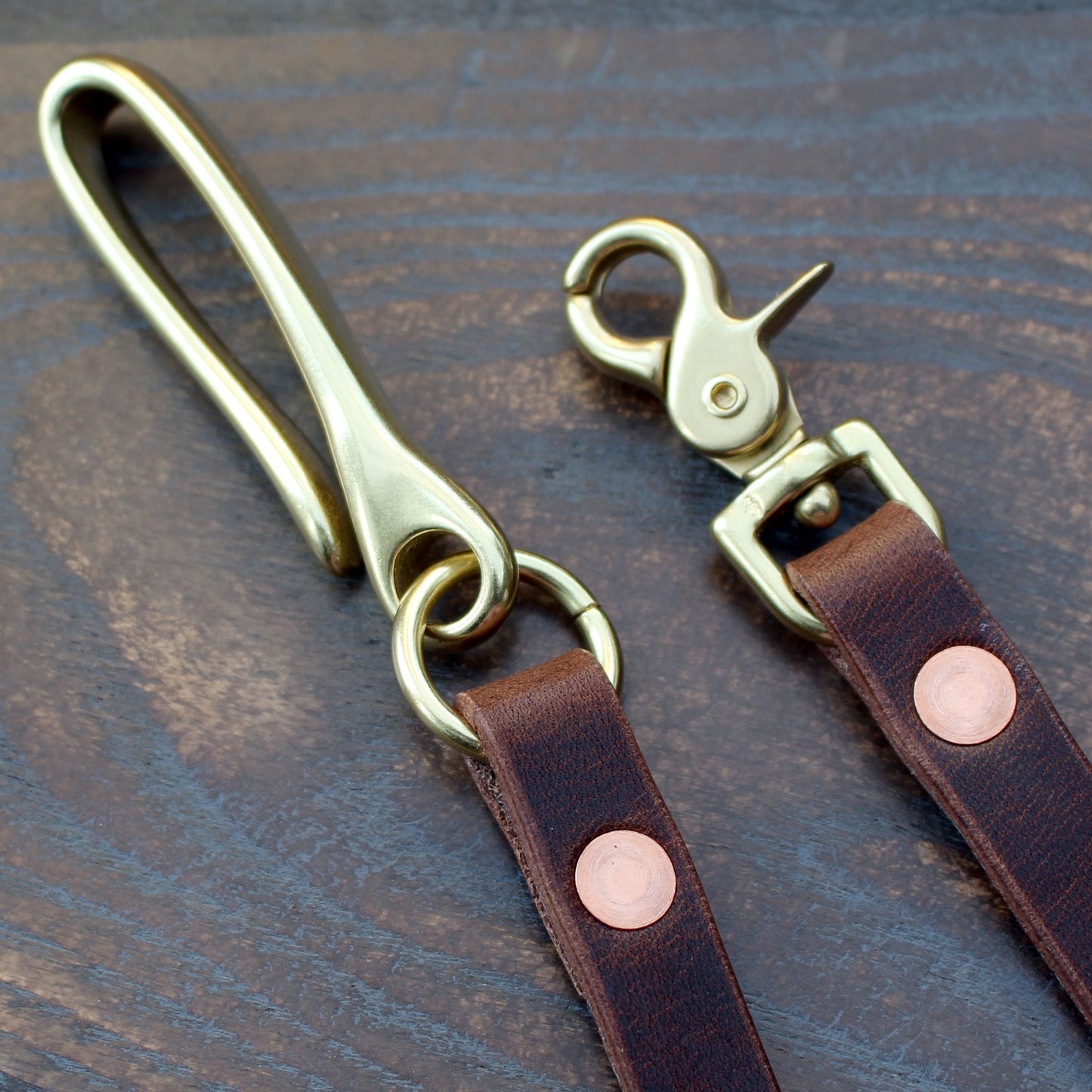 Horween Dublin Brown Nut wallet lanyard, brass fish hook