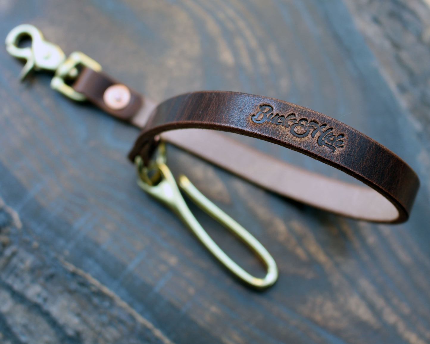 Horween Dublin Brown Nut wallet lanyard, brass fish hook