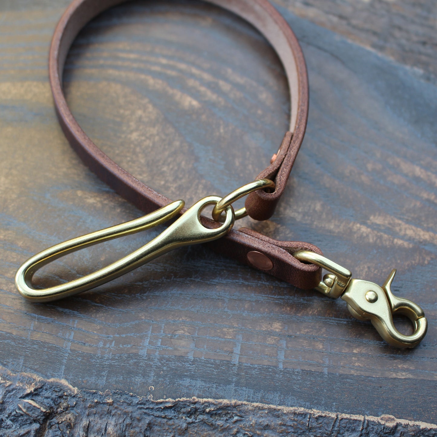 Horween Dublin Brown Nut wallet lanyard, brass fish hook