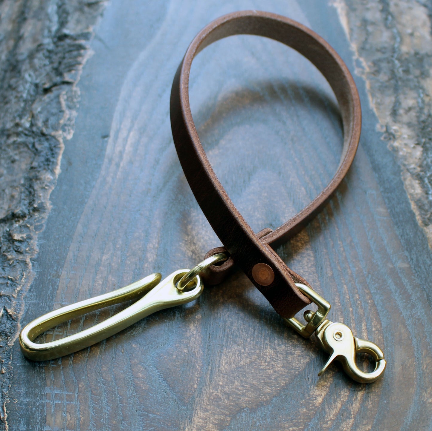 Horween Dublin Brown Nut wallet lanyard, brass fish hook