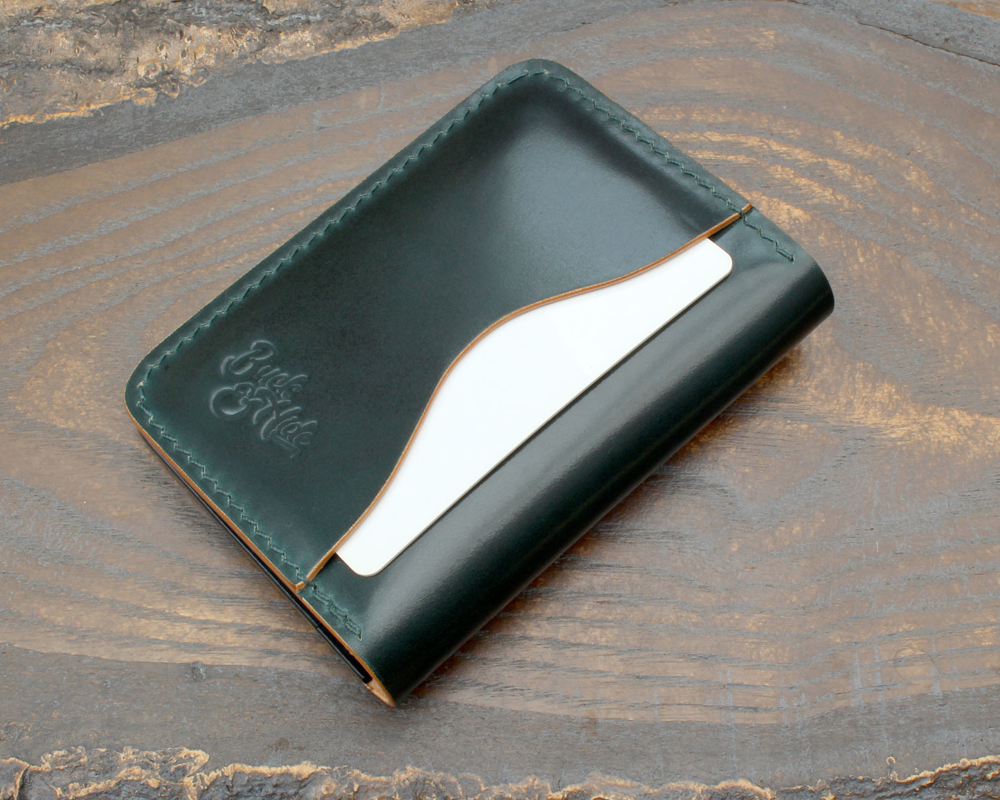 Green Shell Cordovan & black Buttero 5-slot card holder.