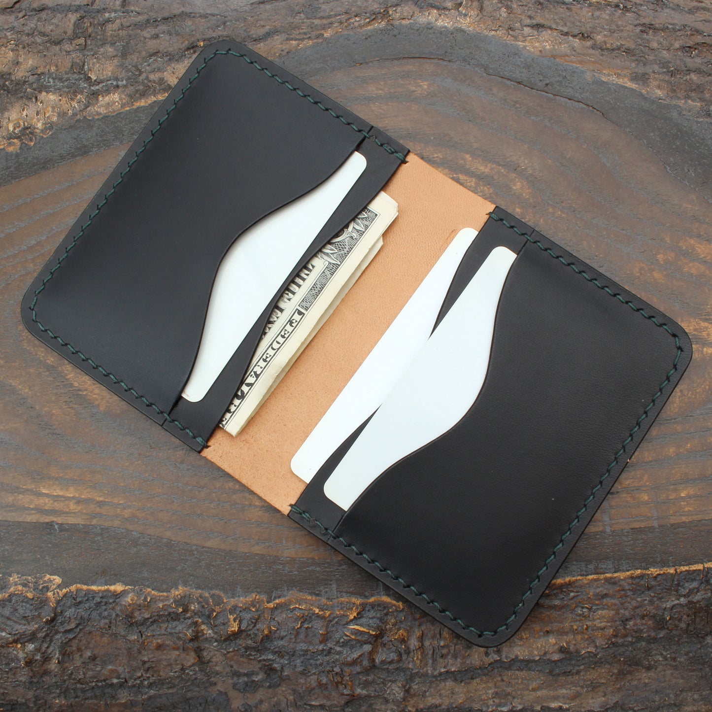 Green Shell Cordovan & black Buttero 5-slot card holder.