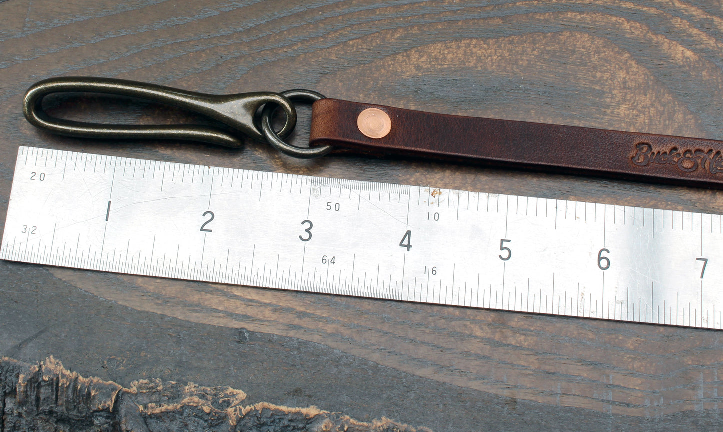 Leather wallet lanyard, Horween Dublin with antique brass fish hook