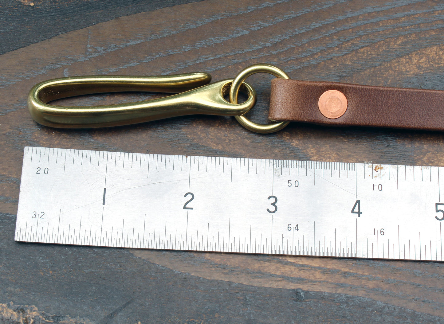 Leather wallet lanyard, natural Horween Chromexcel with brass fish hook