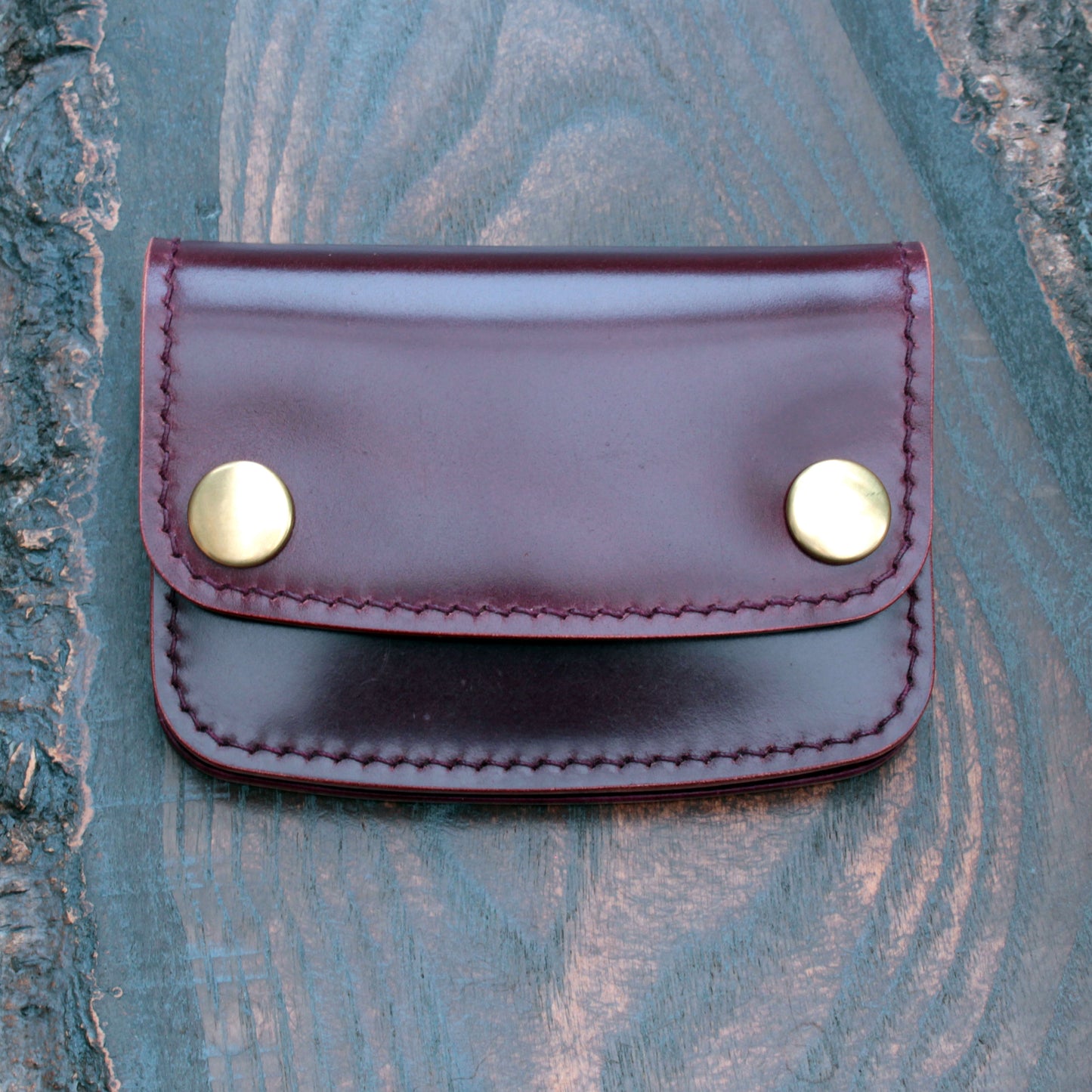 Handmade leather snap wallet in burgundy Shell Cordovan & Buttero