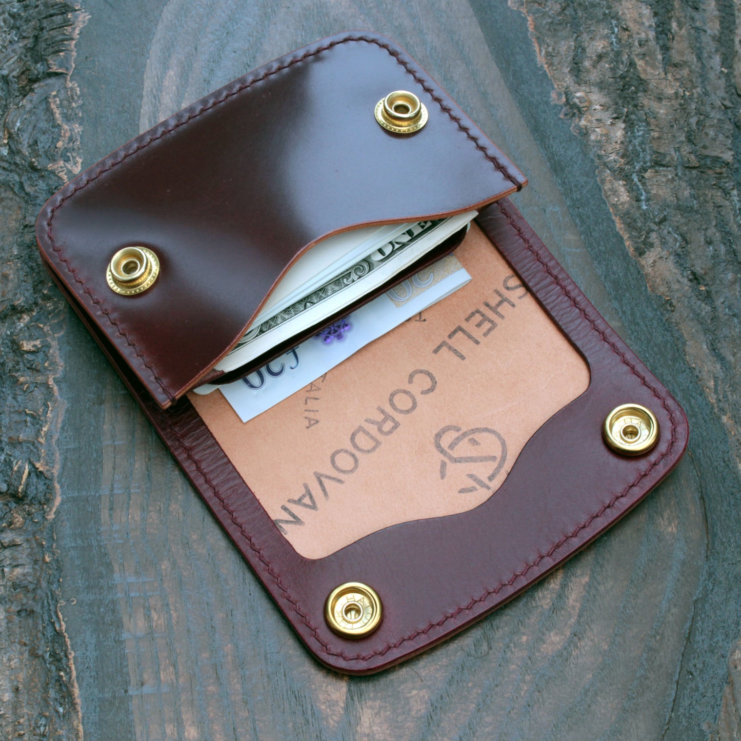 Handmade leather snap wallet in burgundy Shell Cordovan & Buttero