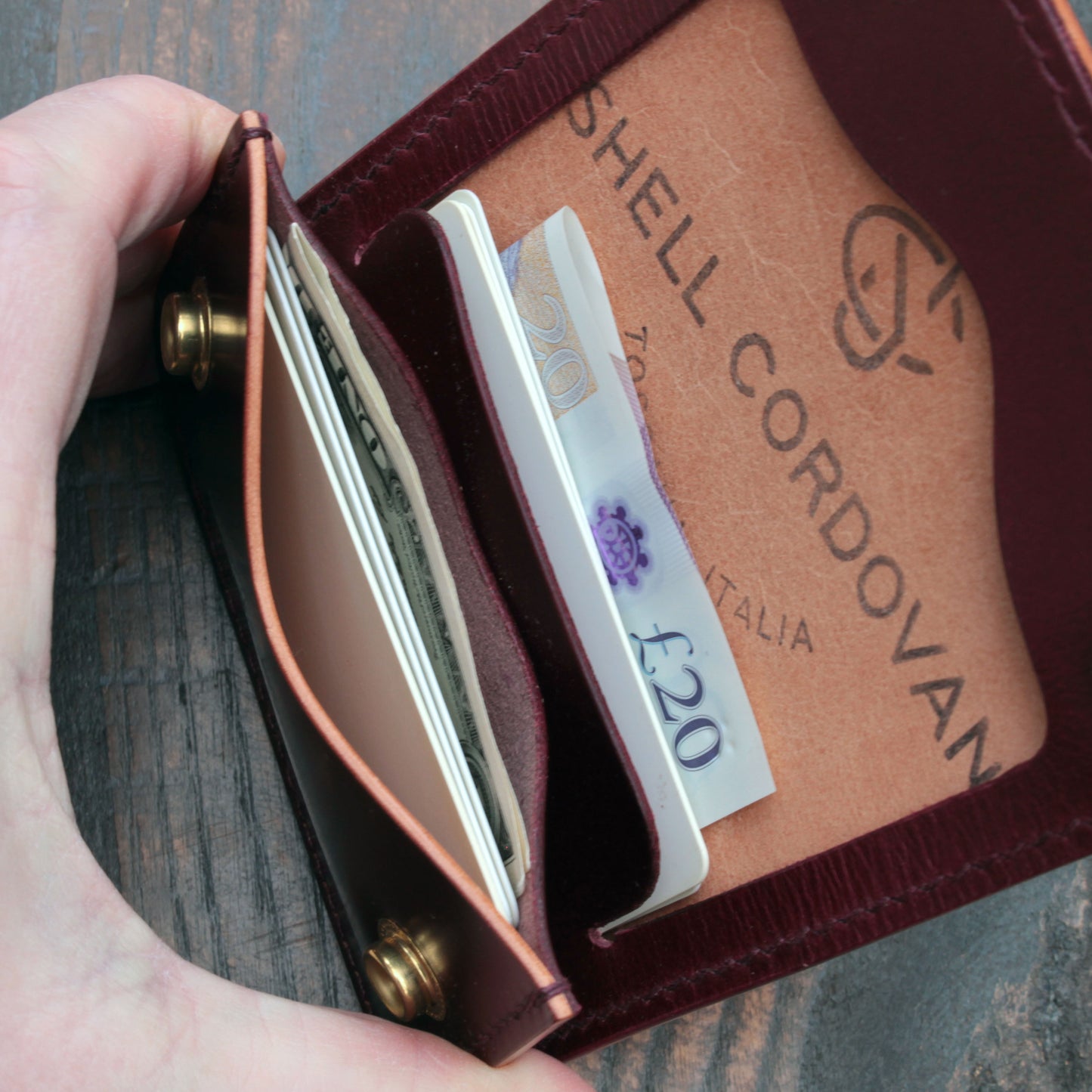 Handmade leather snap wallet in burgundy Shell Cordovan & Buttero