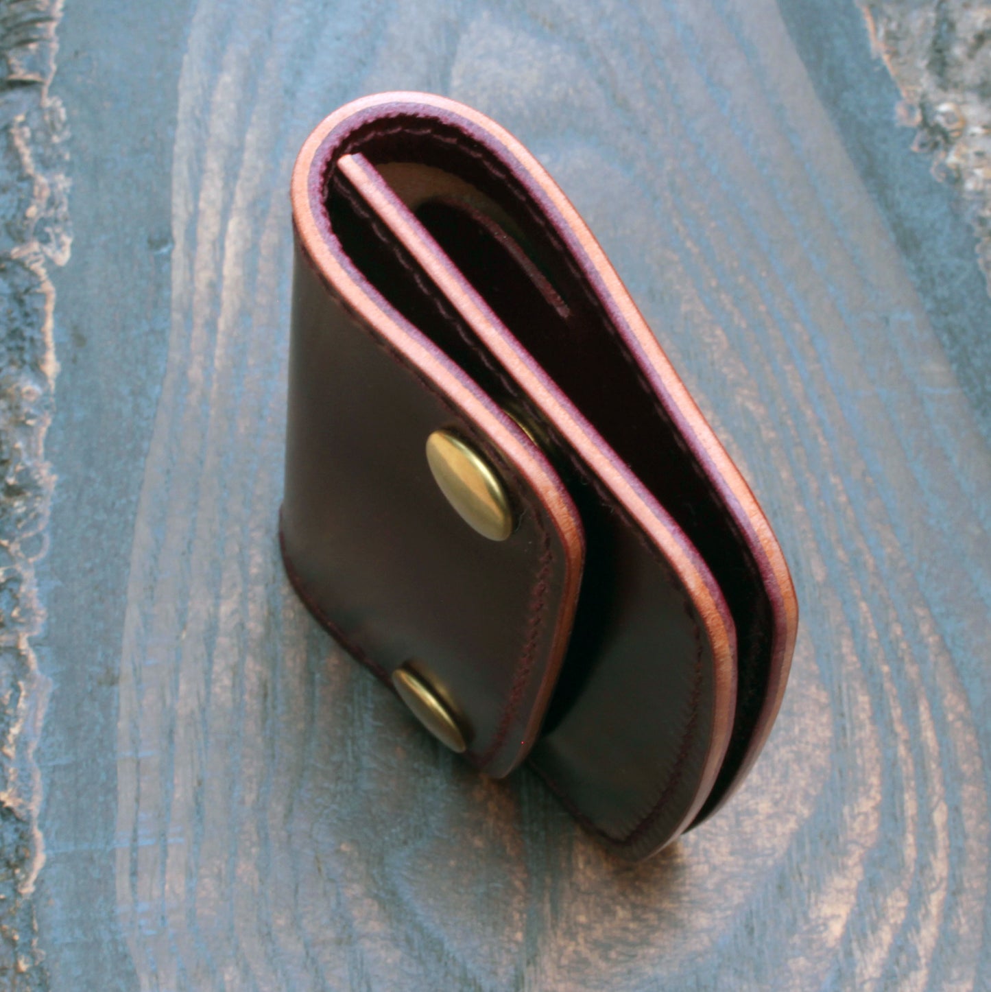 Handmade leather snap wallet in burgundy Shell Cordovan & Buttero