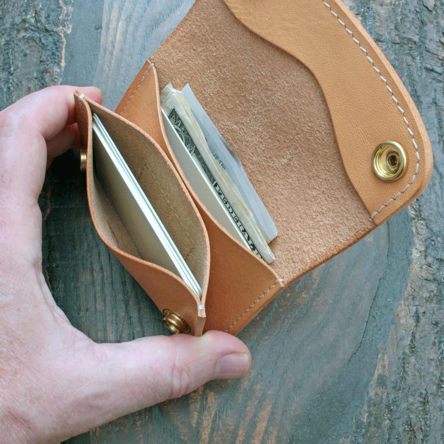 Handmade leather mini trucker wallet – natural Minerva Box