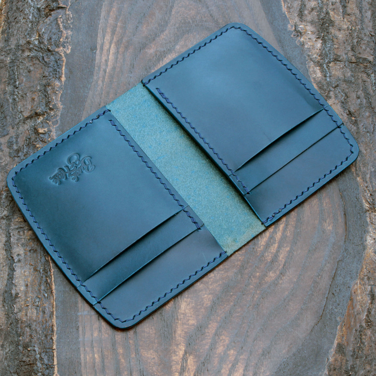 Six pocket leather wallet, hatched & smooth navy Buttero