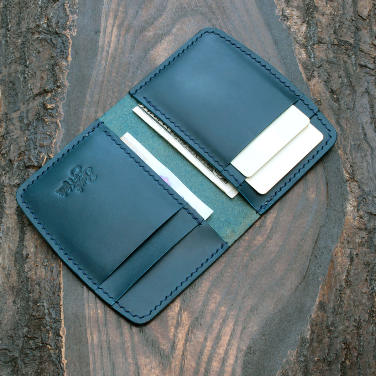 Six pocket leather wallet, hatched & smooth navy Buttero