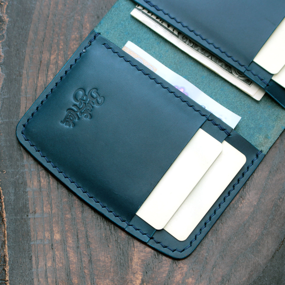 Six pocket leather wallet, hatched & smooth navy Buttero